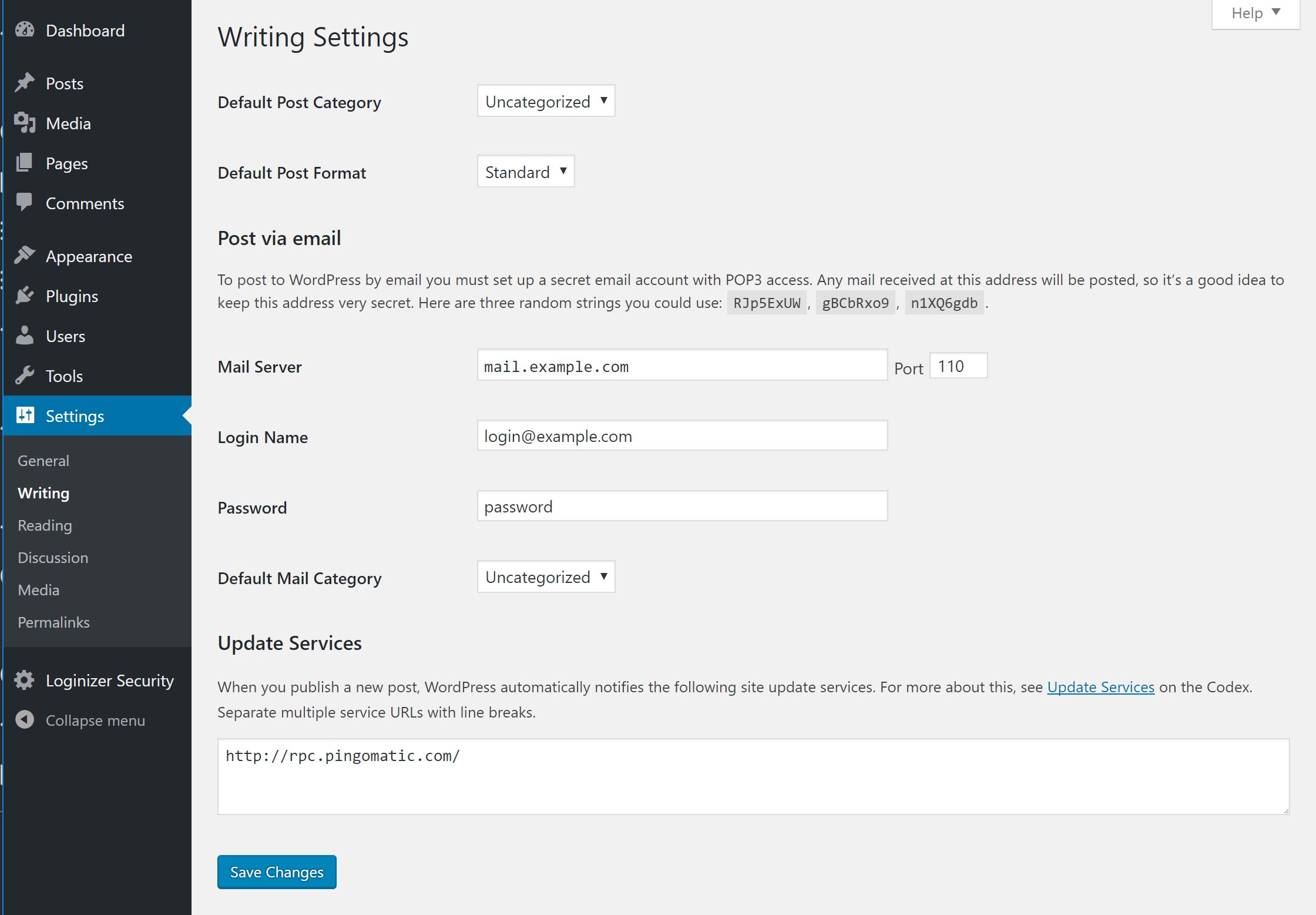 WordPress General Settings Writing Settings
